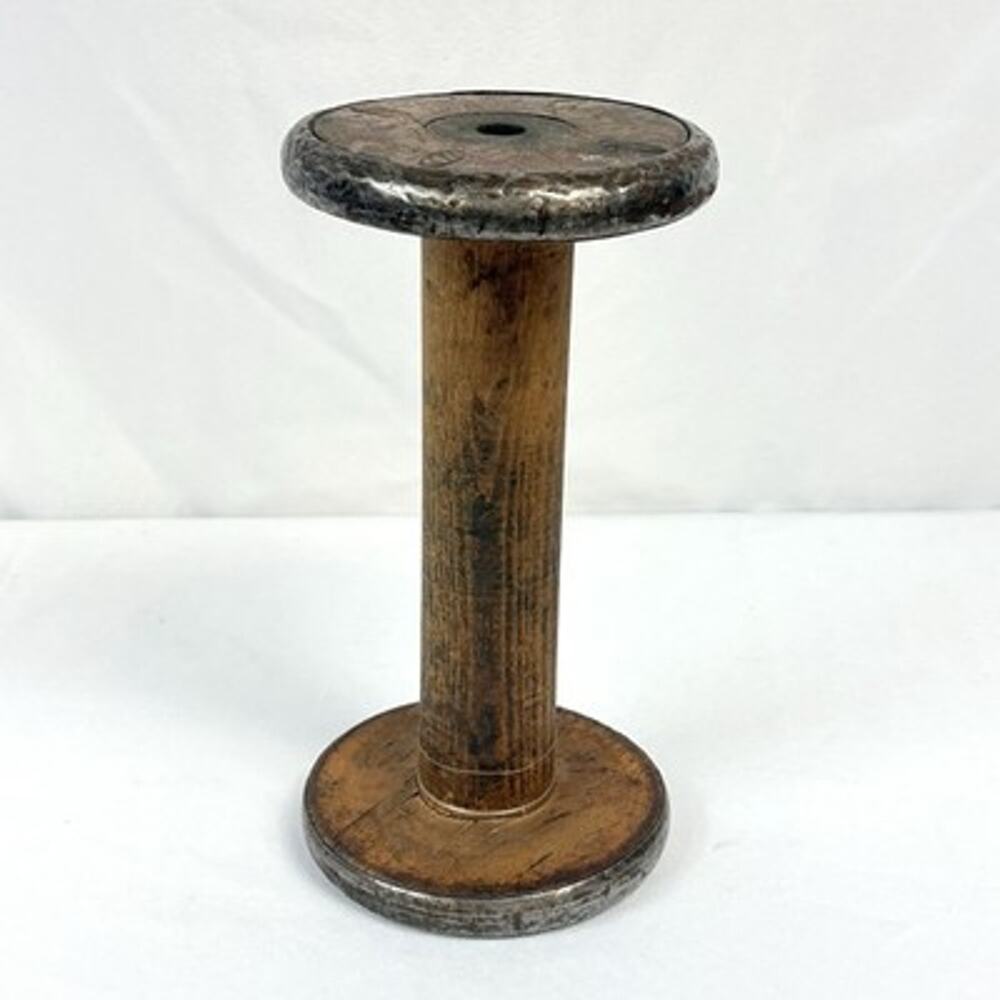 Large 9.5” X 5 Wood & Metal Textile Mill Spool Bobbin Primitive Antique Vintage